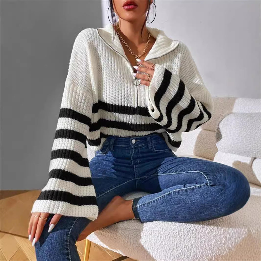 New Striped Contrast Color Stand-up Collar Knitted Pullover Sweater Outerwear Women
