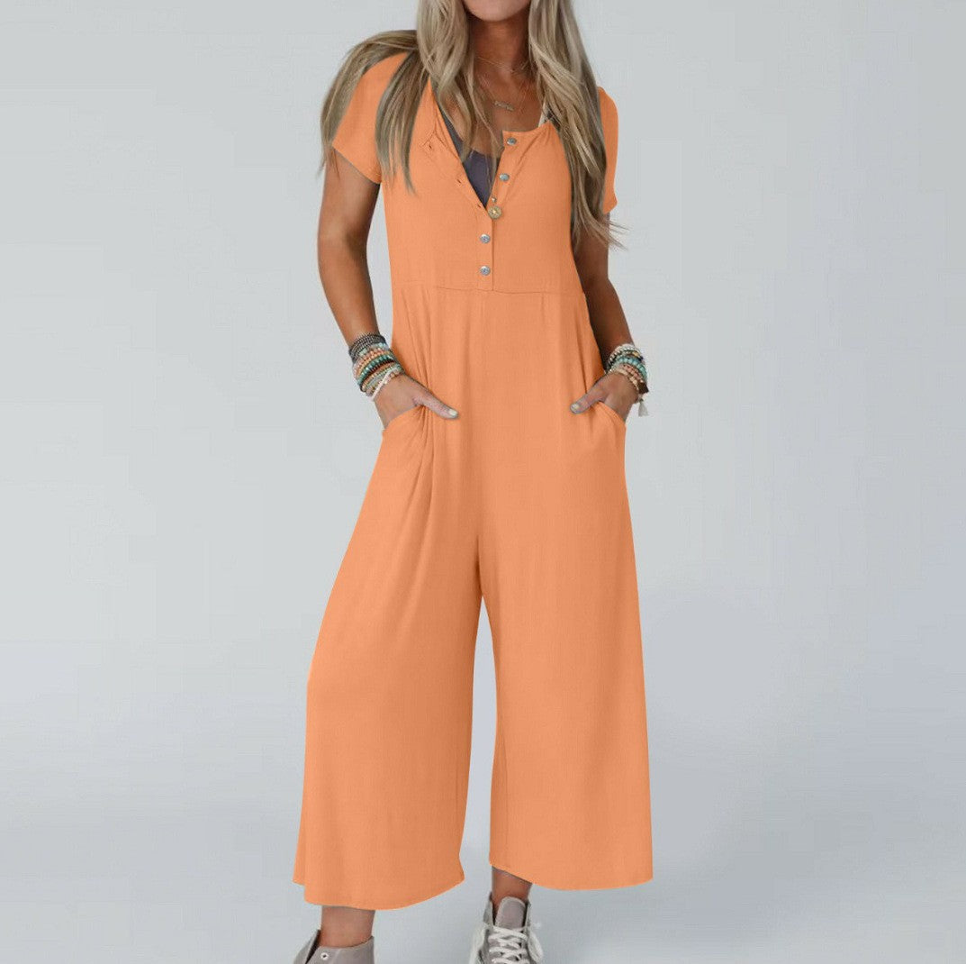 Women's Casual Slim-Fit Short-Sleeve Jumpsuit with Pockets