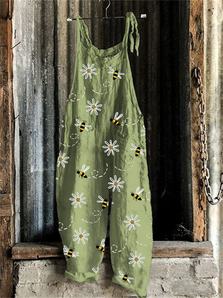 Vintage Sweet Print Loose Suspender Pants for Women