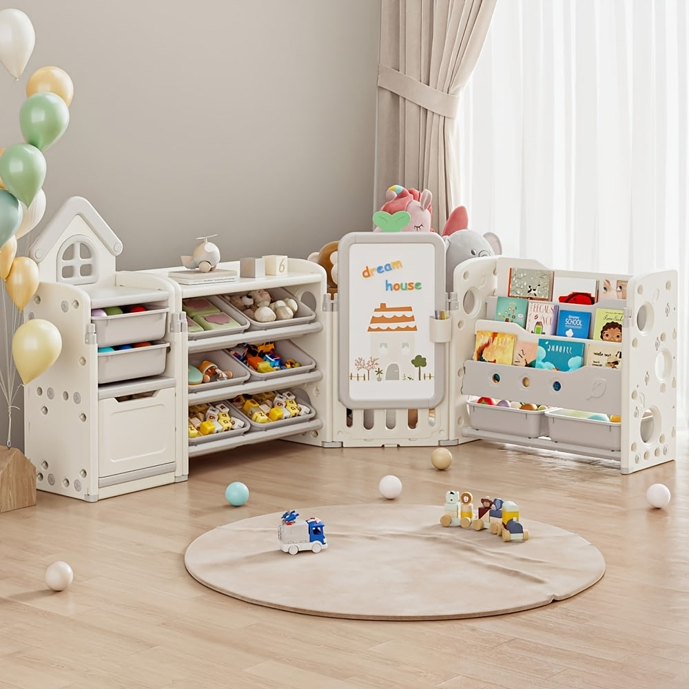 Multi-Function Storage Organizer with 10 Detachable Bins, 3‑Tier Bookshelf and Drawing Board