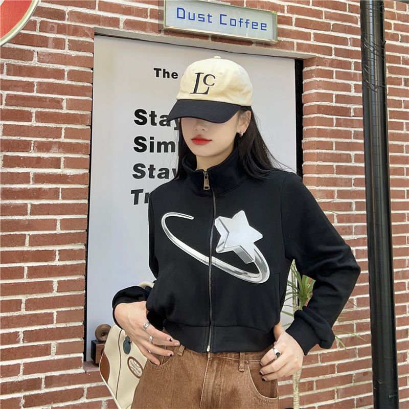 Retro Star Graphic Loose Fit Crop Sweater Jacket