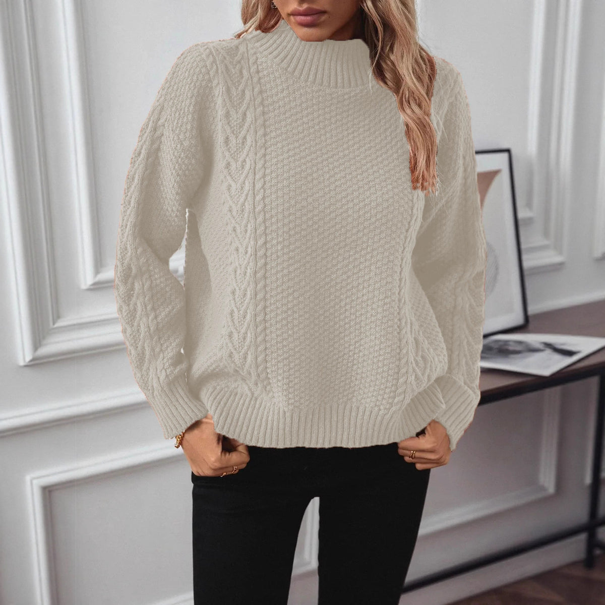 Solid-color Womens Sweater with a Front Slit and a Longer Back Hem