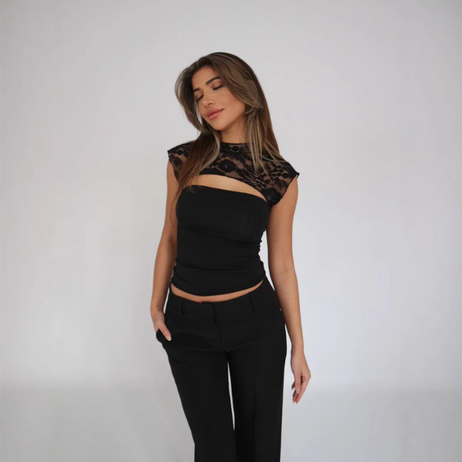 Spring And Summer New Cutout Lace Stitching Top