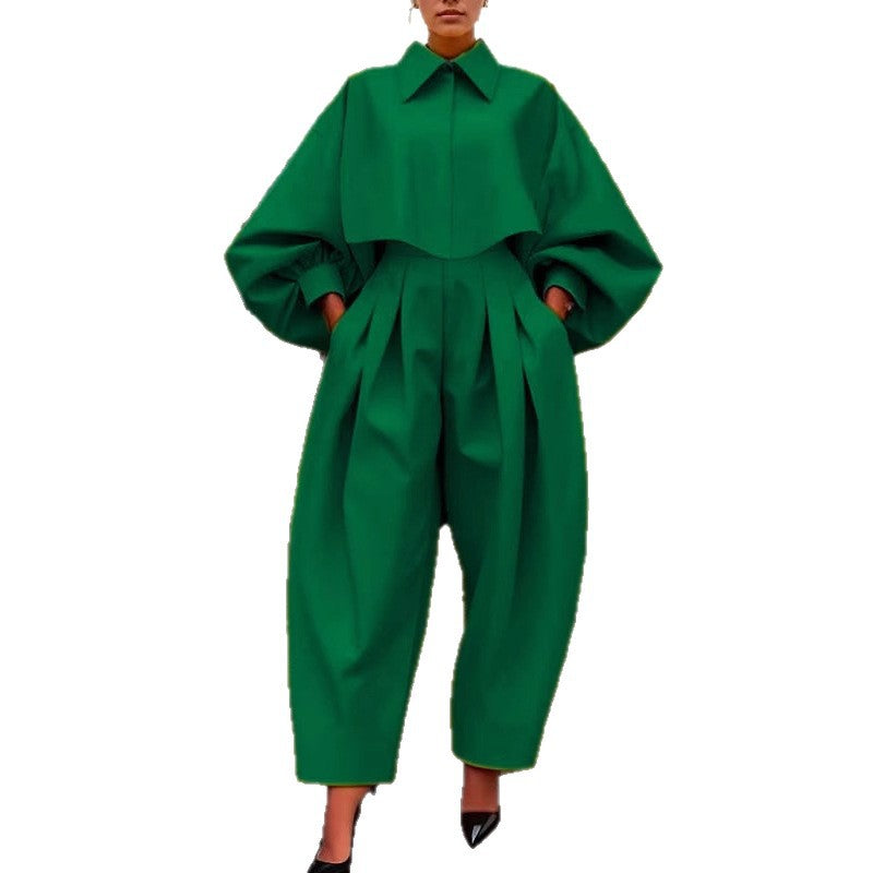 Elegant Long-Sleeve Green Jumpsuit for Chic Commuting