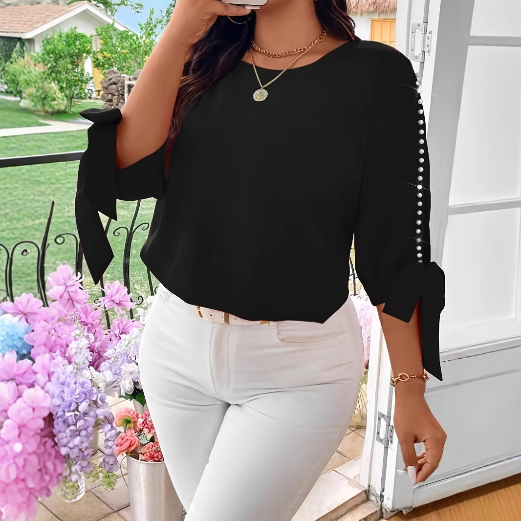 Women's Solid Color Woven Off-shoulder Pearl Tie Casual Shirt