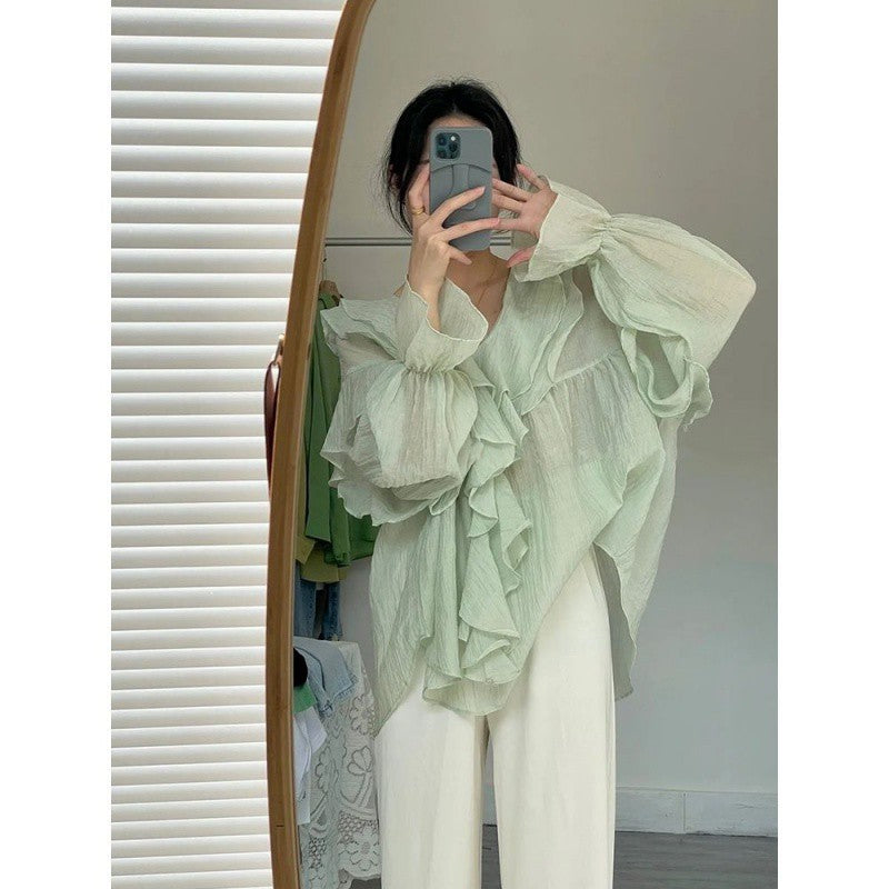 Women's Ruffled V-neck Puff Sleeve Shirt With Fashionable Design