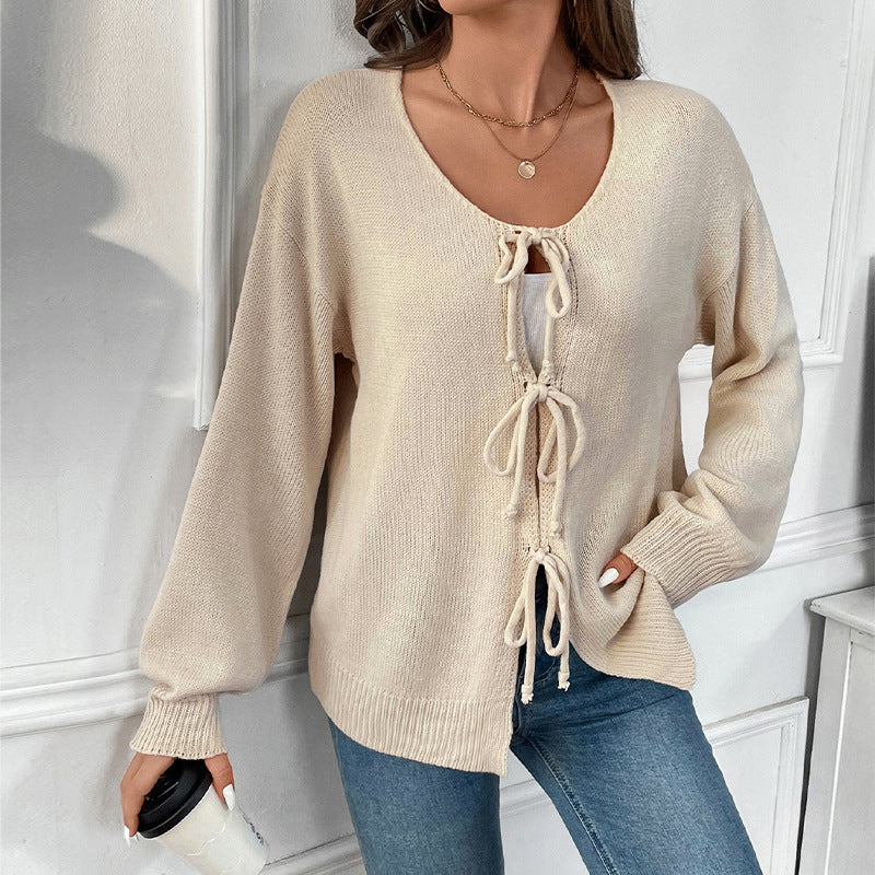 Casual Lazy Lace-up Crew Neck Women's Sweater