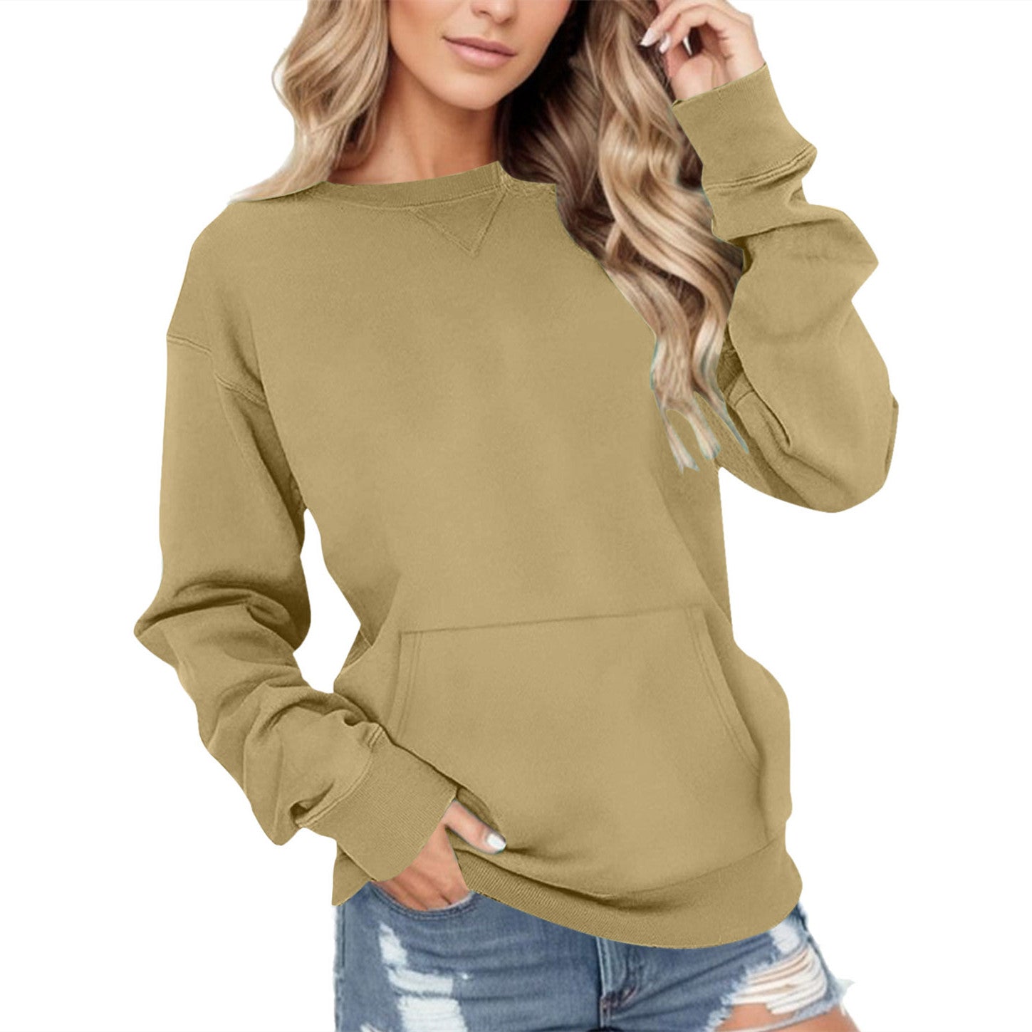 Casual Solid Color Long Sleeve Pocket Hoodie for Women