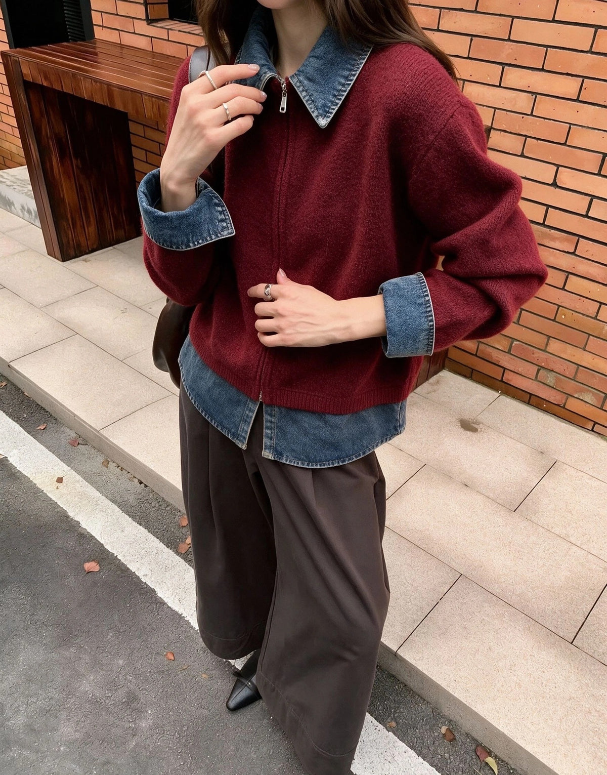 Notch-collar Denim Patchwork Womens Loose Casual Long-sleeve Sweater Coat