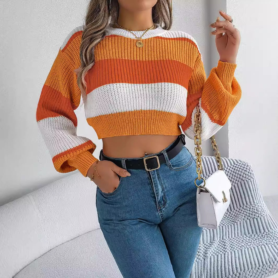 Autumn and Winter Leisure Color Matching Lantern Sleeve Pullover Midriff-baring Sweater