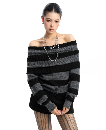 Korean Style Color-blocked Off-shoulder Sweater for Women, Autumn and Winter