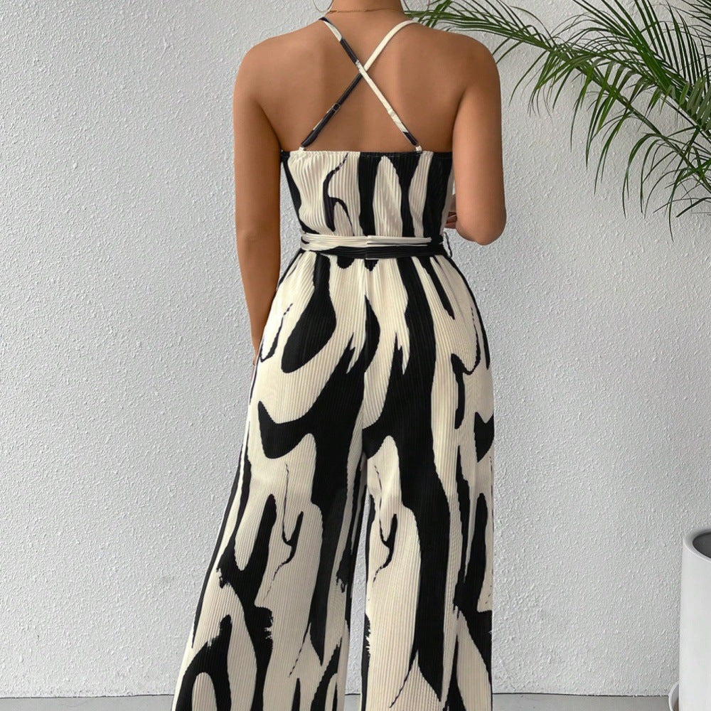 Chic Printed Sleeveless High-Waist Loose Jumpsuit