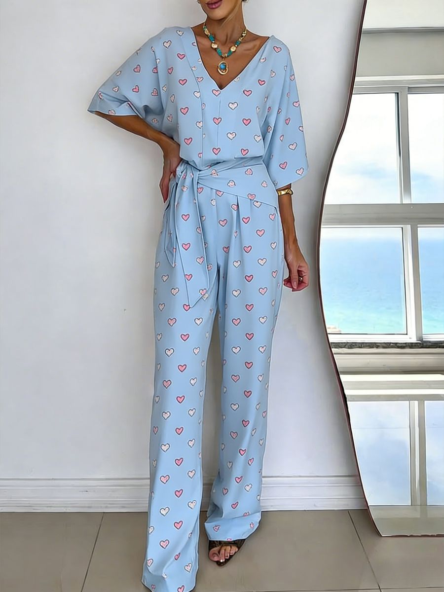 Womens V-neck Casual Mid-length Sleeve Belted Jumpsuit