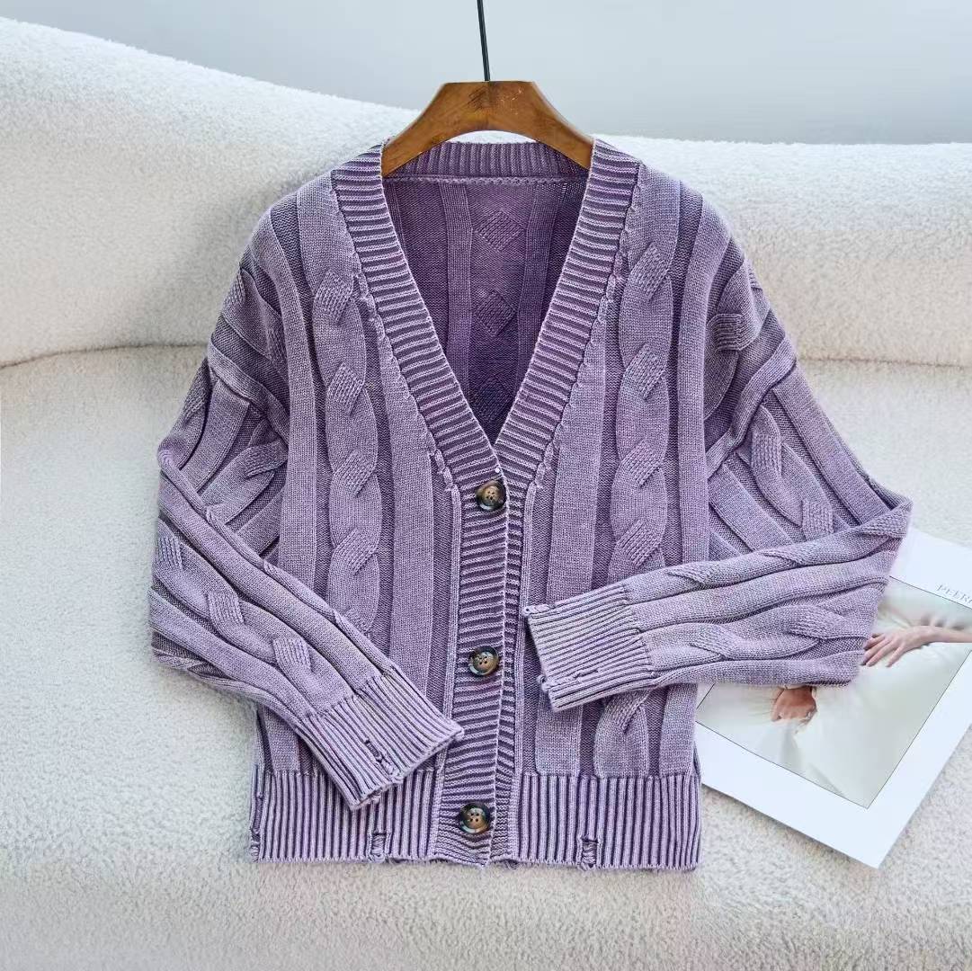 European and American Old Knitted Coat Women's Loose V-neck