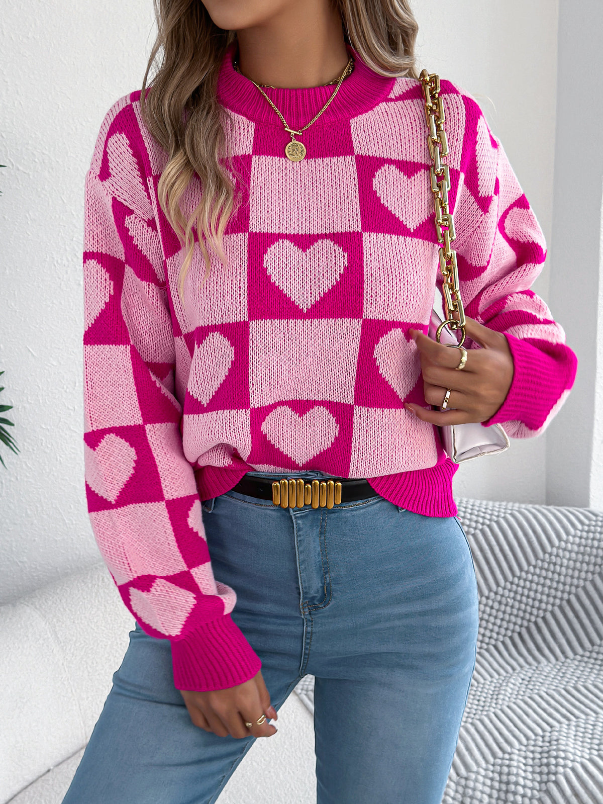 Women's Color-blocked Plaid Heart Lantern Sleeve Pullover Sweater for Valentine's Day