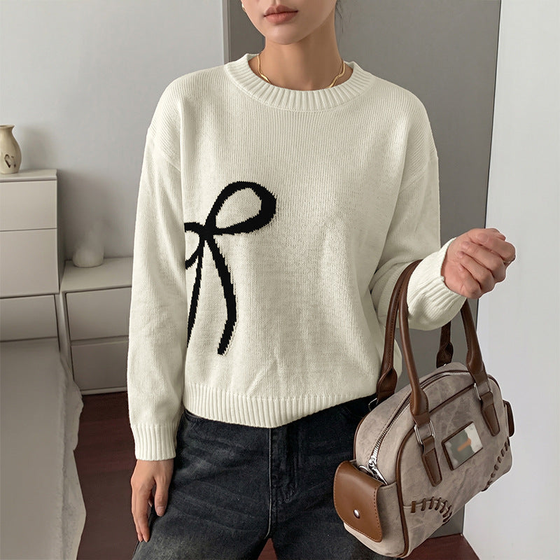 Casual Loose-fit Crew-neck Long-sleeve Sweater with a Bow Tie