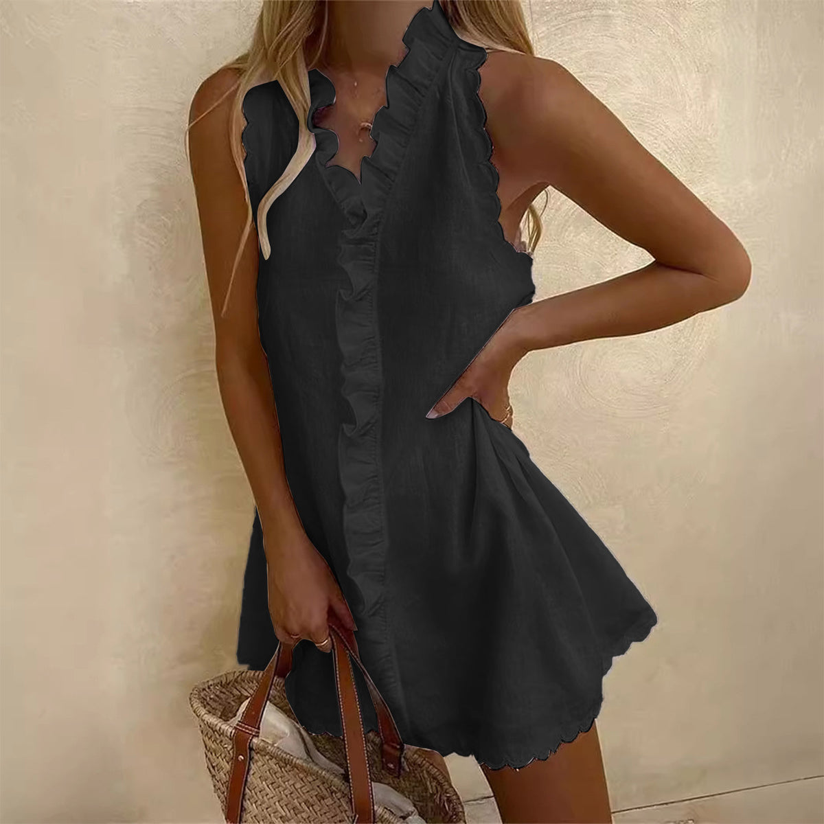 Women's Embroidered Linen Ruffle Dress