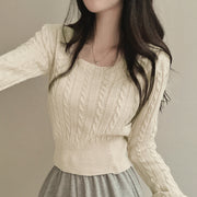 Retro Twist Knitted Sweater Single Row Button Square Collar Solid Color Underwear Top
