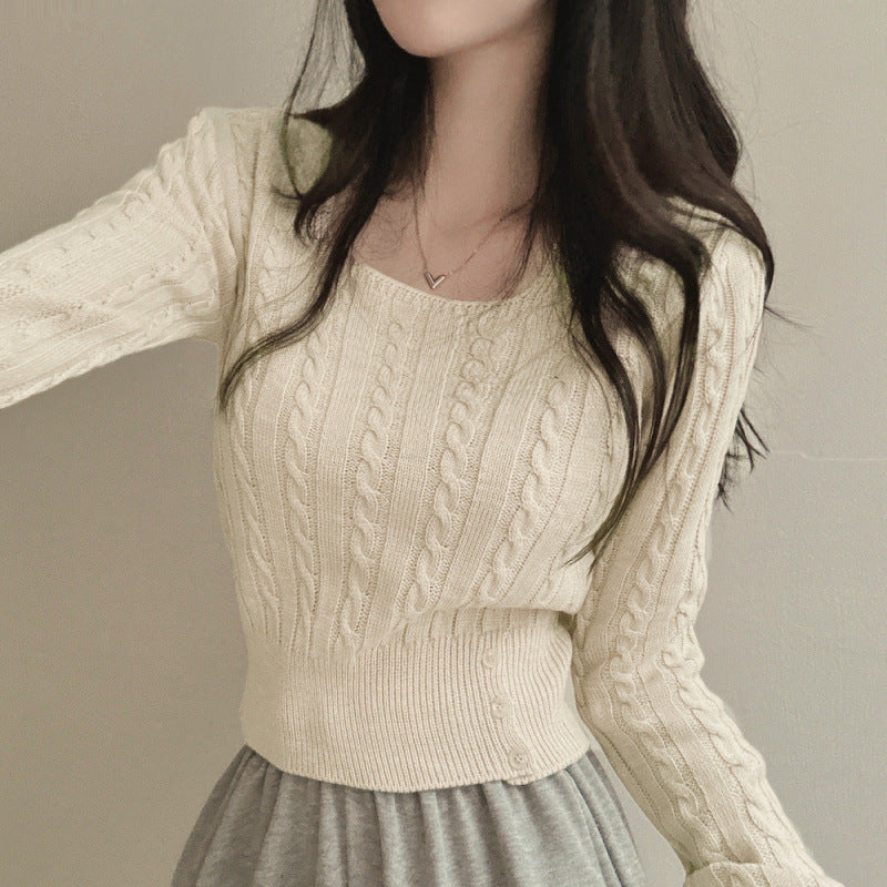 Retro Twist Knitted Sweater Single Row Button Square Collar Solid Color Underwear Top