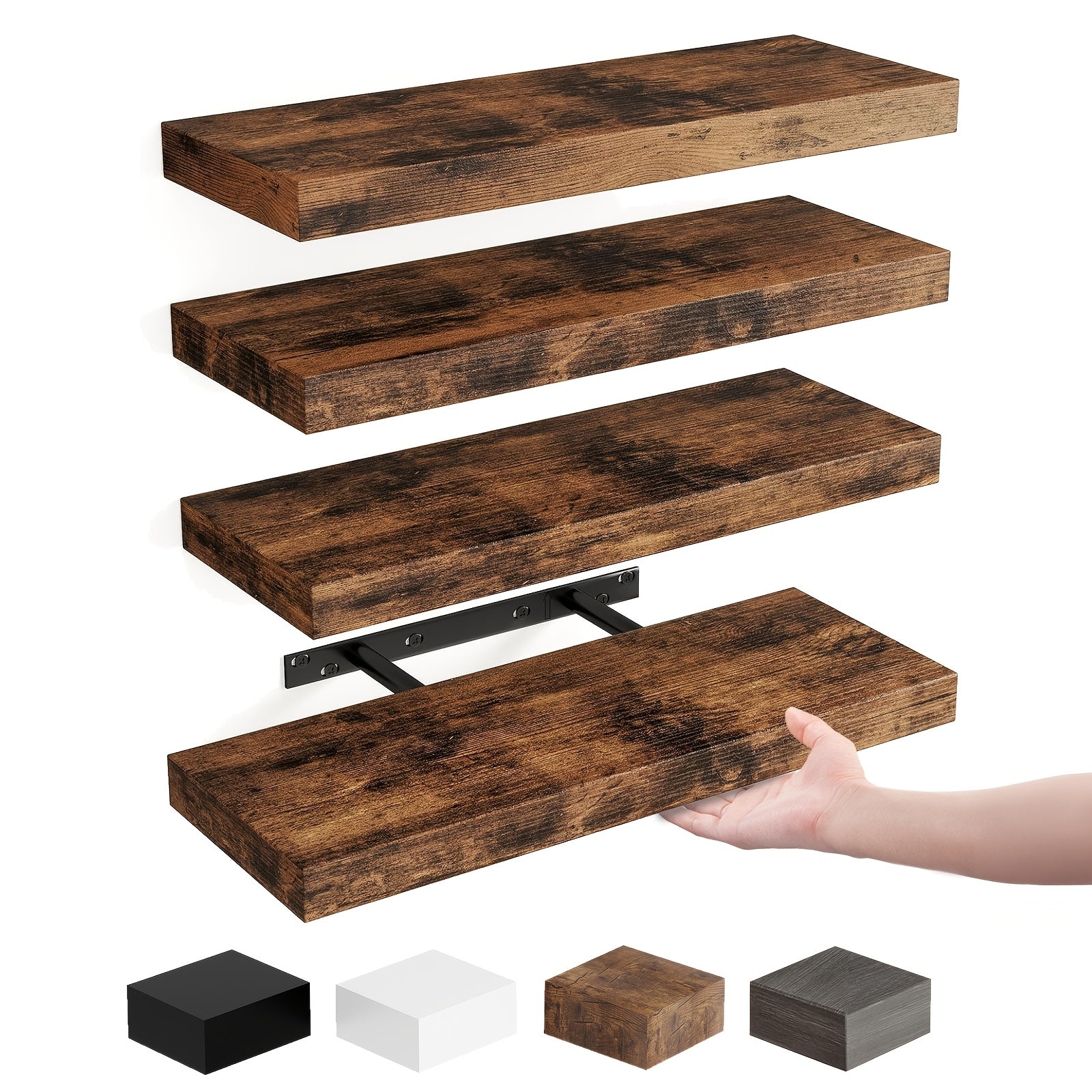 Rustic floating wall shelves with invisible brackets in brown or black finish
