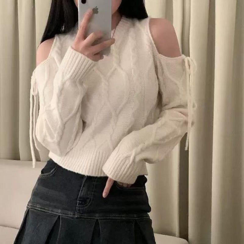 Round Neck Hollow Out Shoulder-baring Lace-up Loose All-match Long-sleeved Sweater Sweater