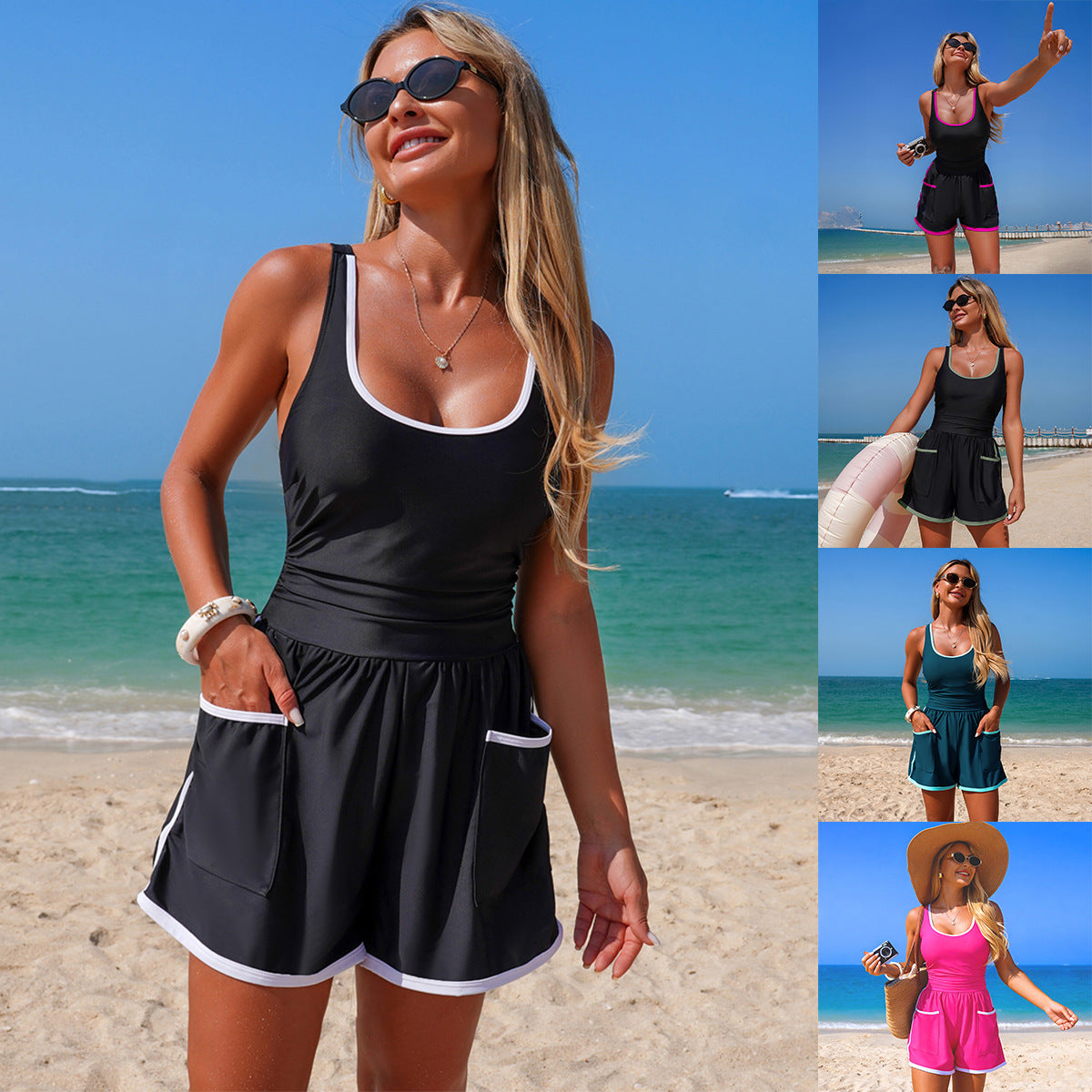 Womens Fashion Solid-Color One-Piece Sports Swimsuit