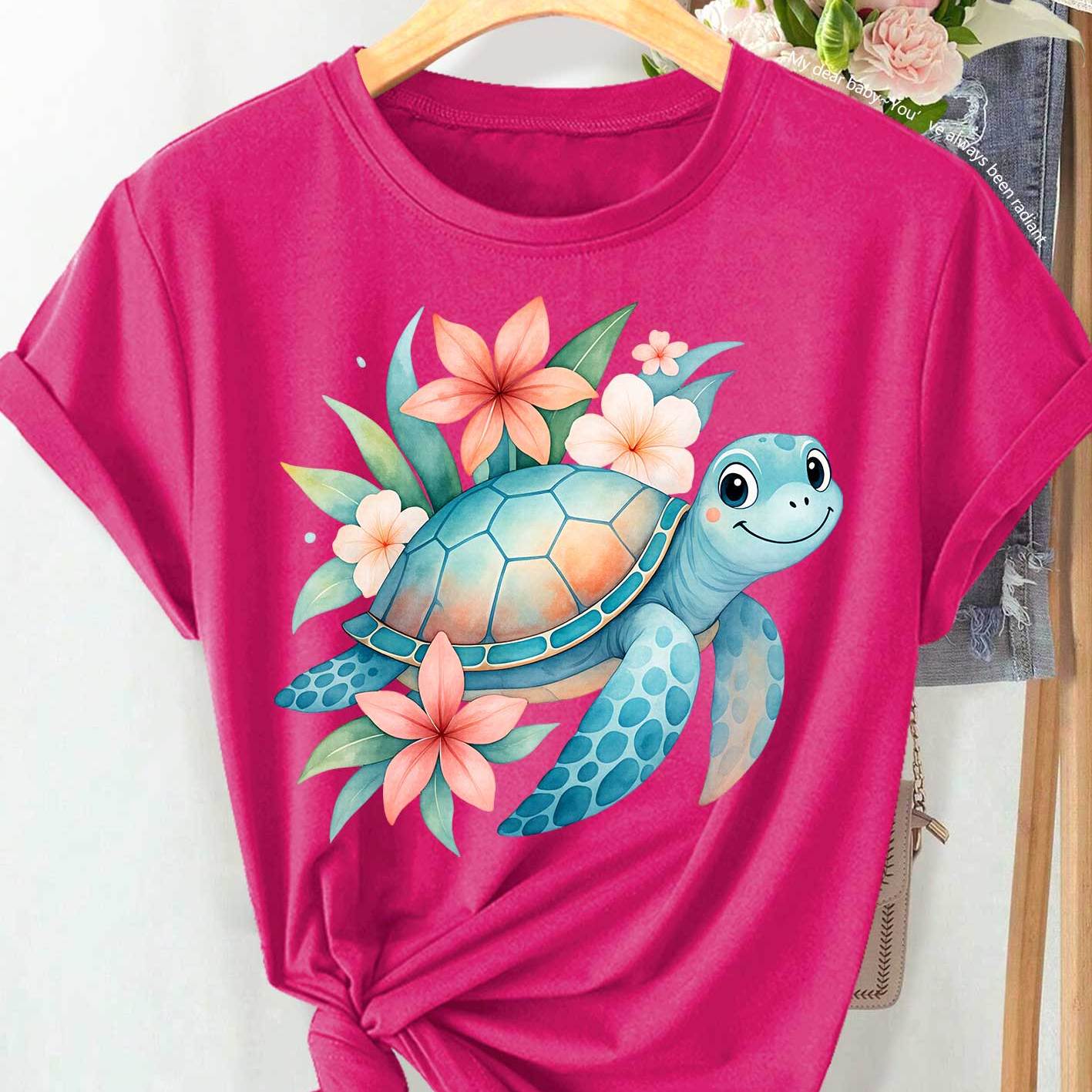 Women's Short Sleeve Round Neck Tunic with Smiling Sea Turtle and Tropical Floral Print