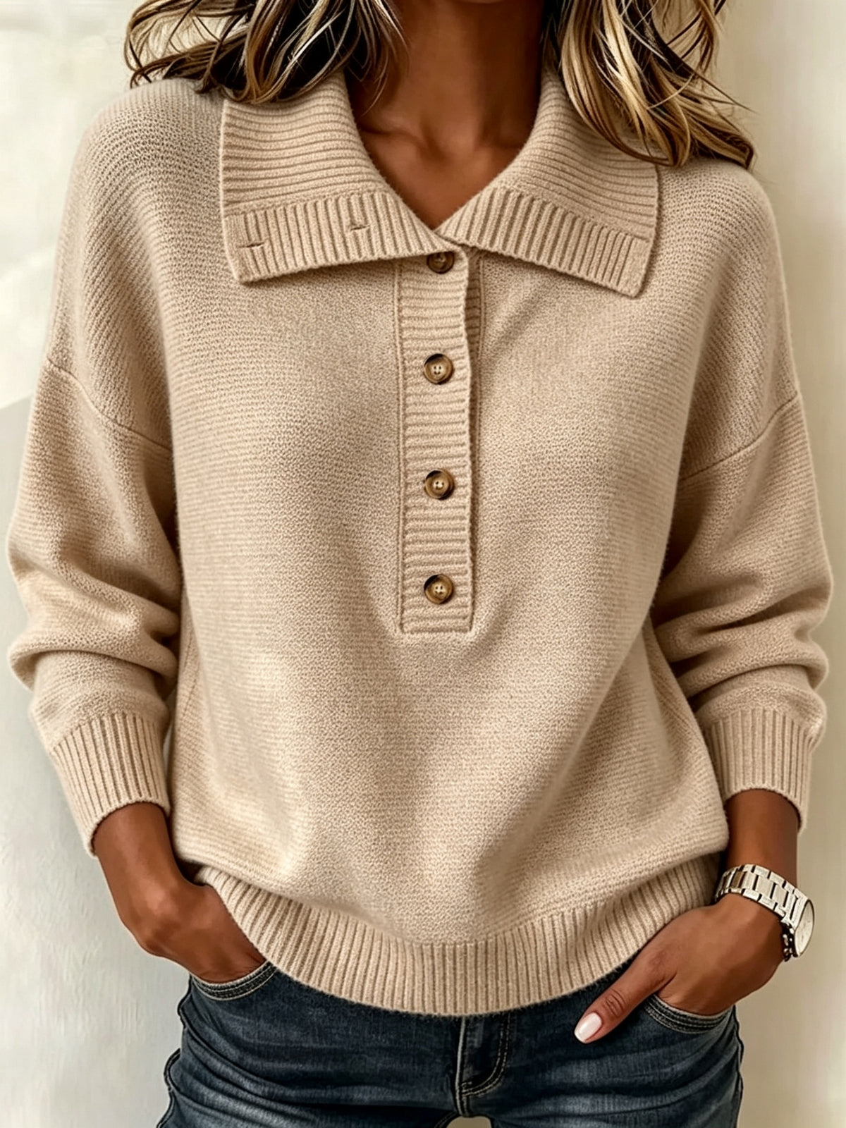 American-style Vintage-buttoned Half-zip Turtleneck Loose-fit Casual Womens Sweater