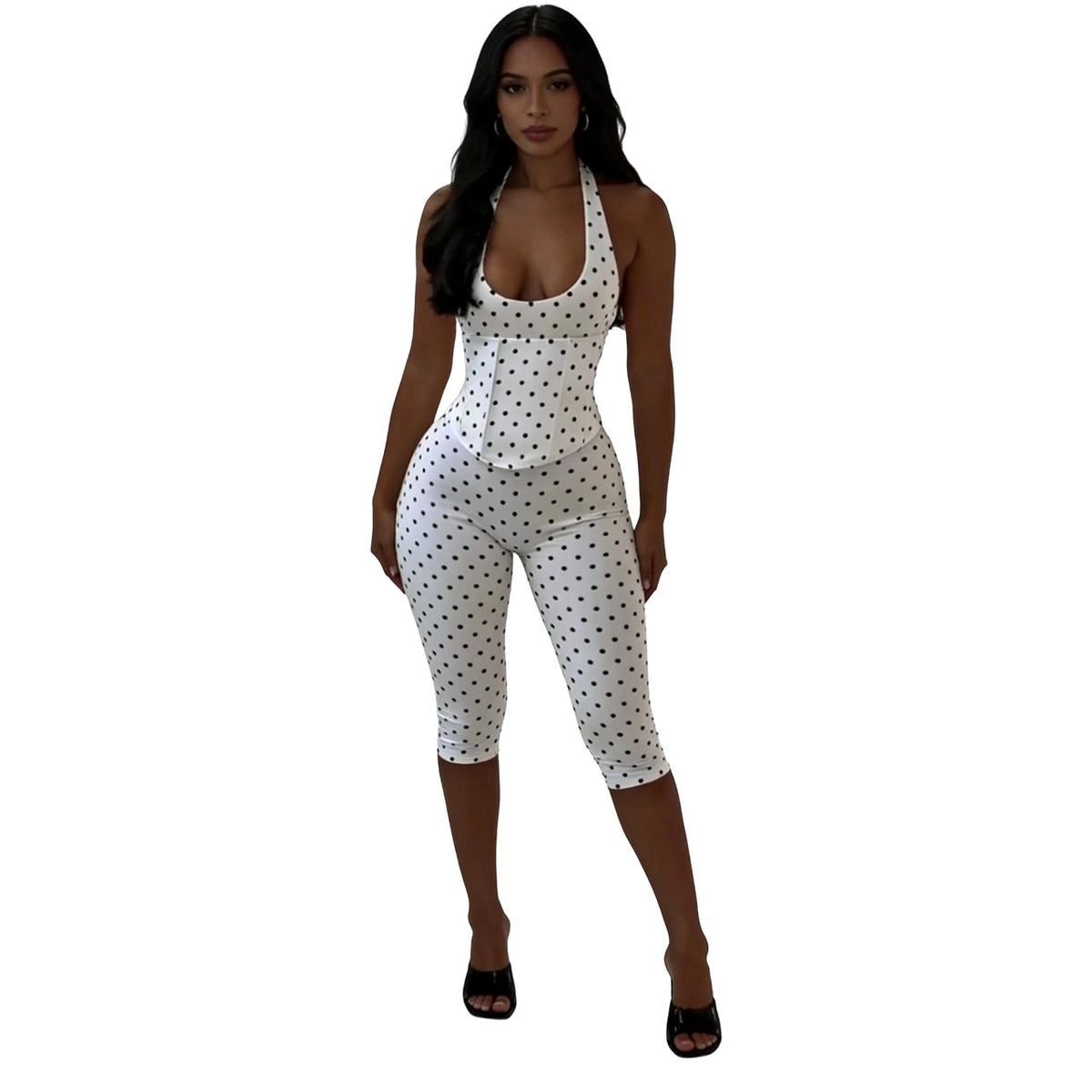 Womens Halterneck Polka-Dot Fishbone Zipper-Waist Cropped Jumpsuit