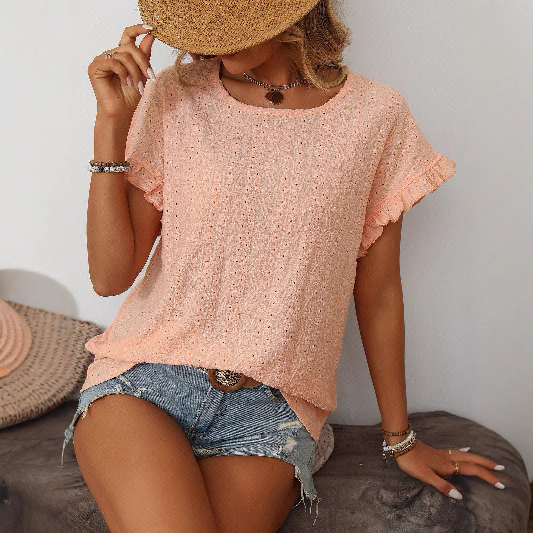 Sweet Petal Sleeve Short-Sleeve T-Shirt – Cozy Knit Top