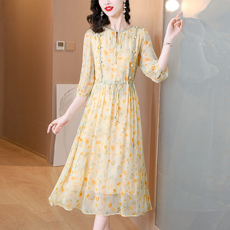 Women's Elegant Floral Mulberry Silk Midi Skirt