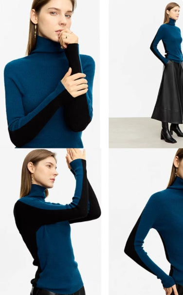 Color-blocked Turtleneck Wool Sweater for Women, Slim Fit, Two-way Knit Base Layer