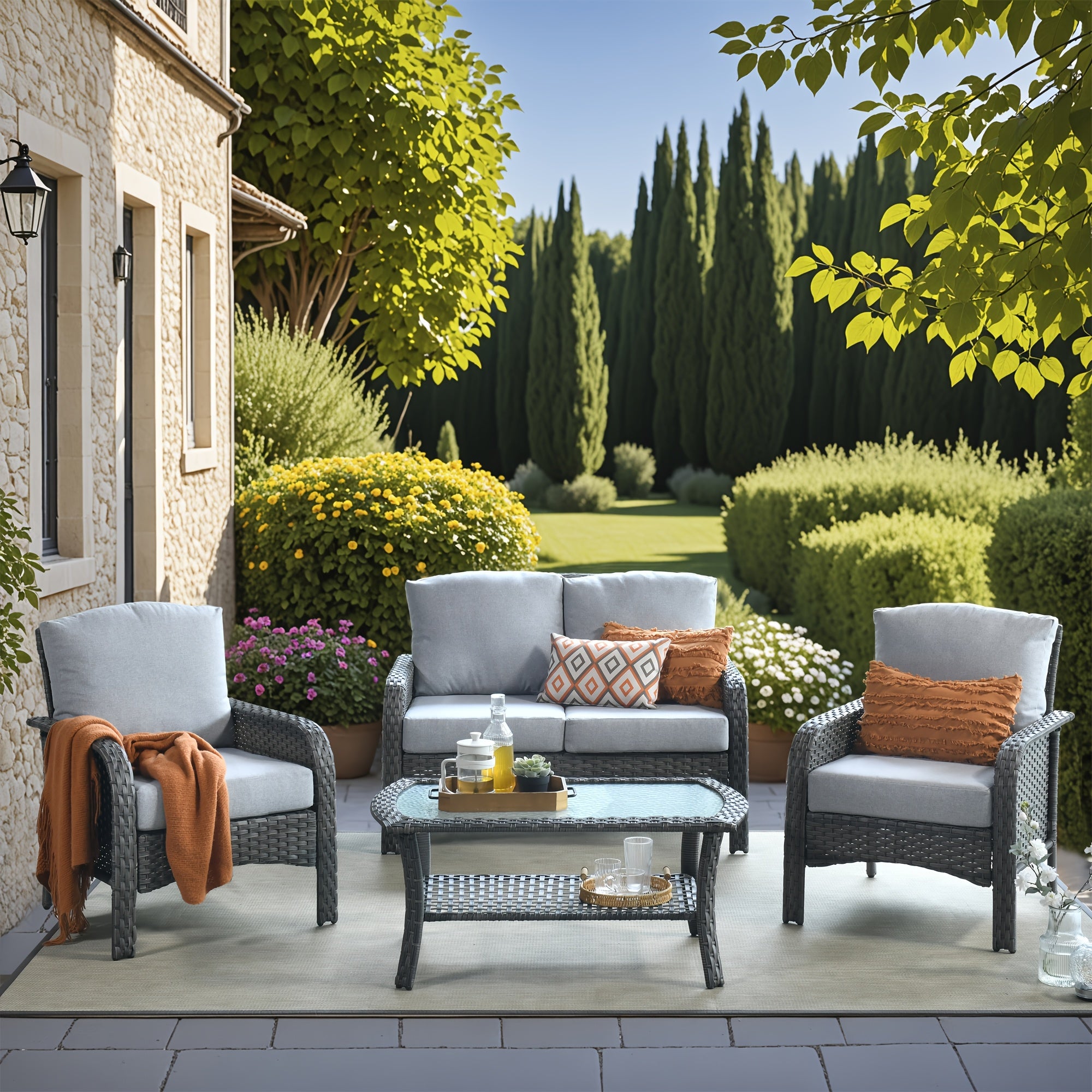 Outdoor Wicker Furniture Collection: Loveseat, Swivel Rocking Chairs, Patio Chairs, Rectangular Table, And Optional Side Table. Made with PE Rattan, Suitable for Patio, Backyard, Pool, Or Garden