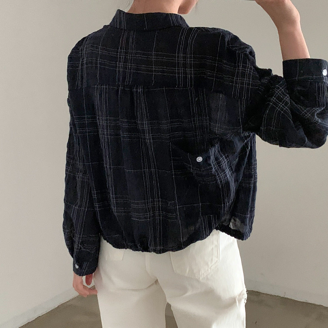 Retro Simple Plaid Loose Lapel Drawstring Long Sleeve Shirt