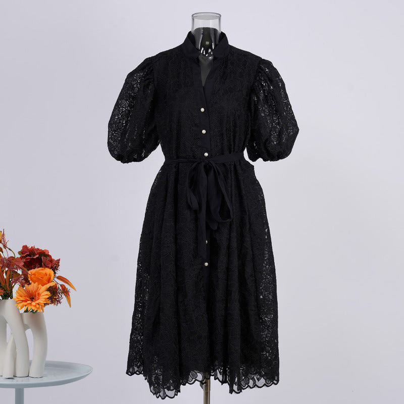 Heavy-duty French Embroidery Solid-color Oversized Tie-front Dress