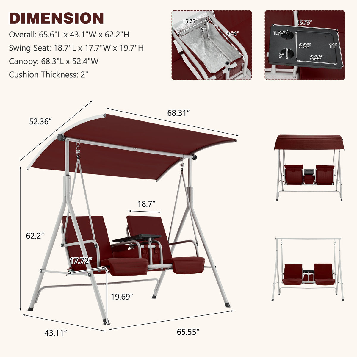 2-Person Outdoor Porch Swing with Stable Stand, Swing Chair Featuring Adjustable Canopy & Built-in Cup Holders, Weather-resistant Leisure Furniture for Yard, Garden and Deck
