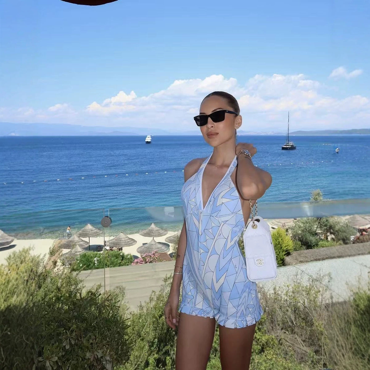 Chic Geometric Print Backless Halter Jumpsuit