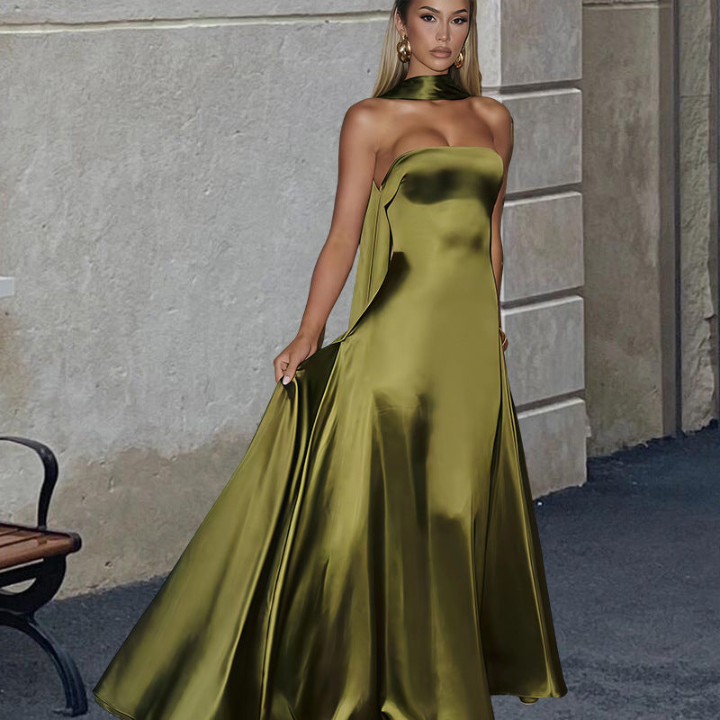 Womens Satin Sleeveless Strapless Dress