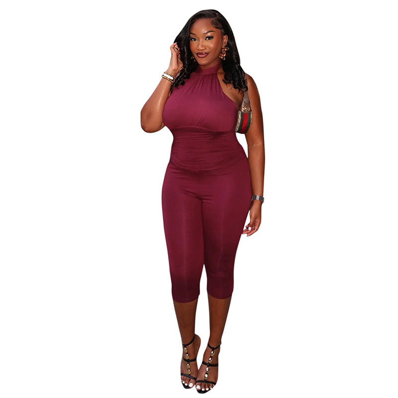 Solid-color Pleated Waist-cinching Capri Jumpsuit