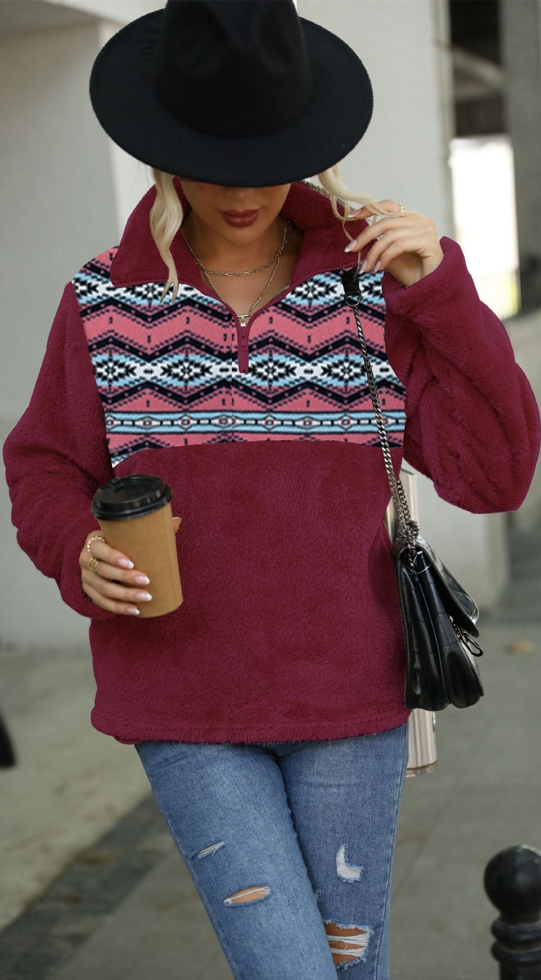 Geometric Print Plush Pullover Sweatshirt