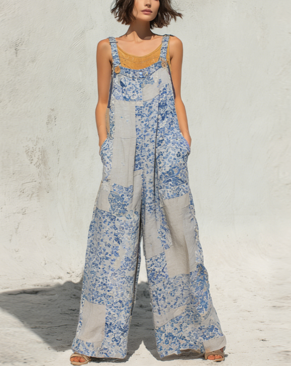 Bohemian Style Patchwork Print Loose Wide-leg Overalls For Women