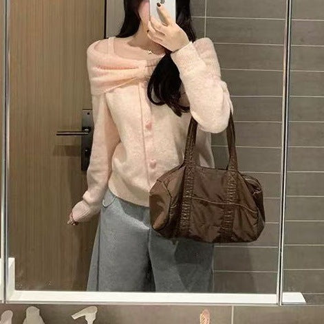 Lady's Long-sleeve Off-shoulder Gentle Style Knitted Sweater