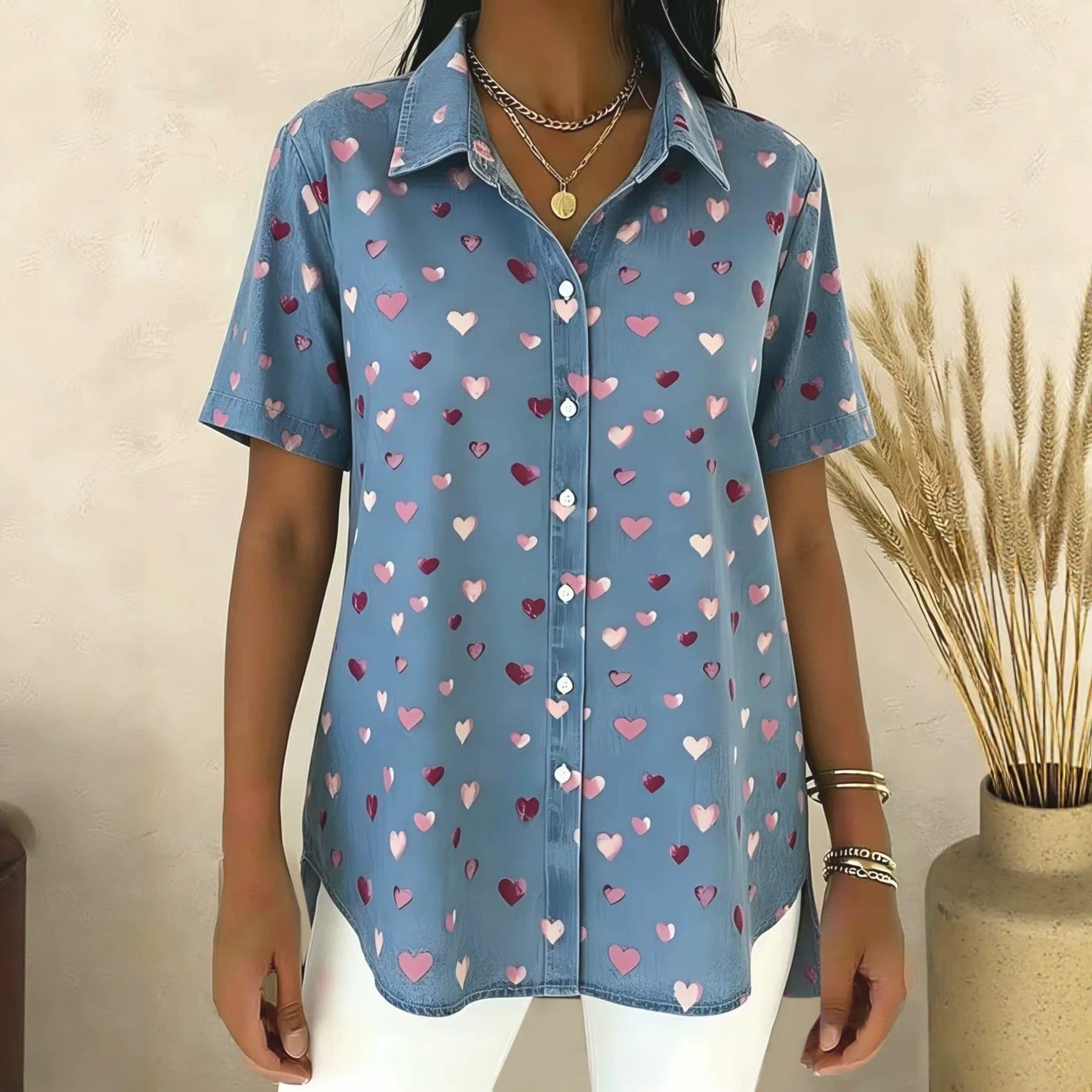 Summer New Heart-Print Short-Sleeve Shirt Womens Loose Top