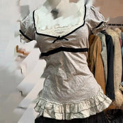 Light Gray Slim-Fit Lace-Trimmed Summer Top – Breathable Polyester