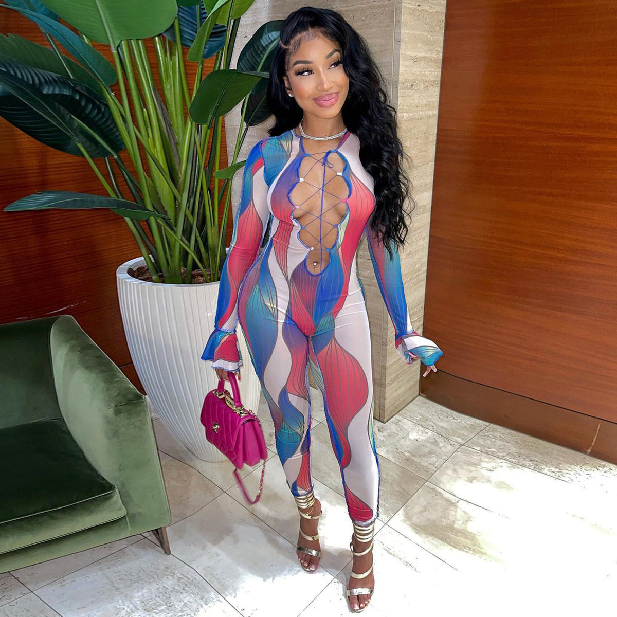 Women's Chic Printed Long-Sleeve Jumpsuit
