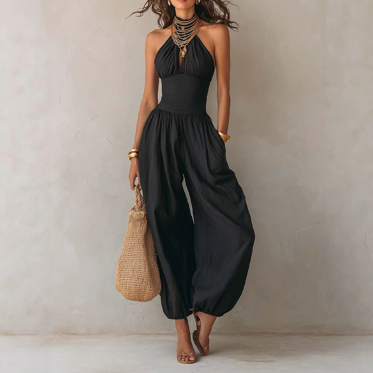 Bohemian Backless Wide-Leg Halter Jumpsuit