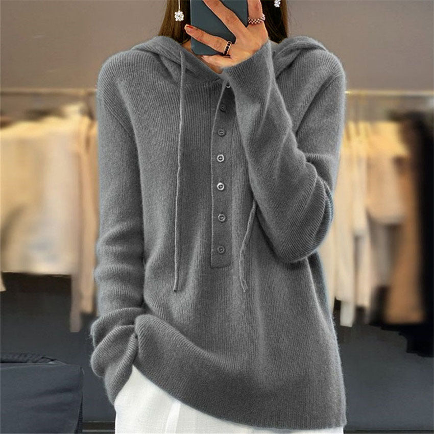 Solid-color Long-sleeve Hooded Knitted Pullover with Drawstring for Women