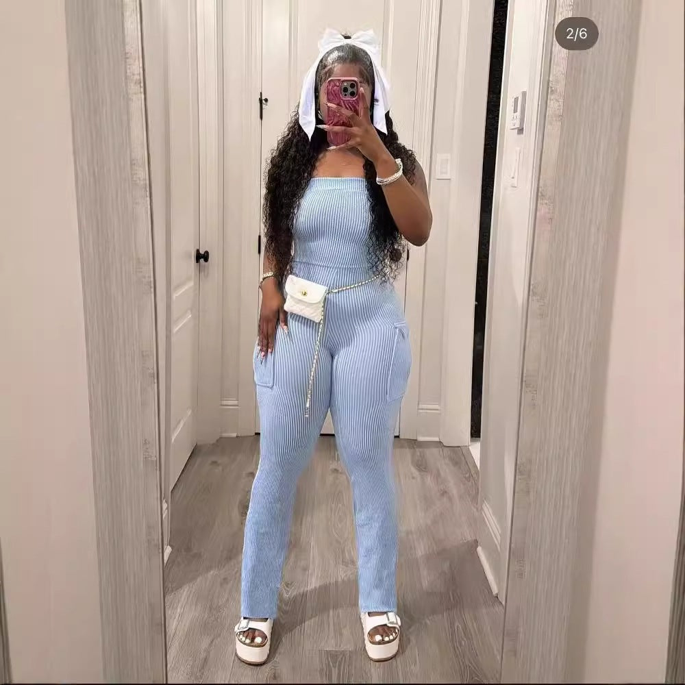 Womens Fashion Solid-color Ribbed-pocket Bodycon Jumpsuit