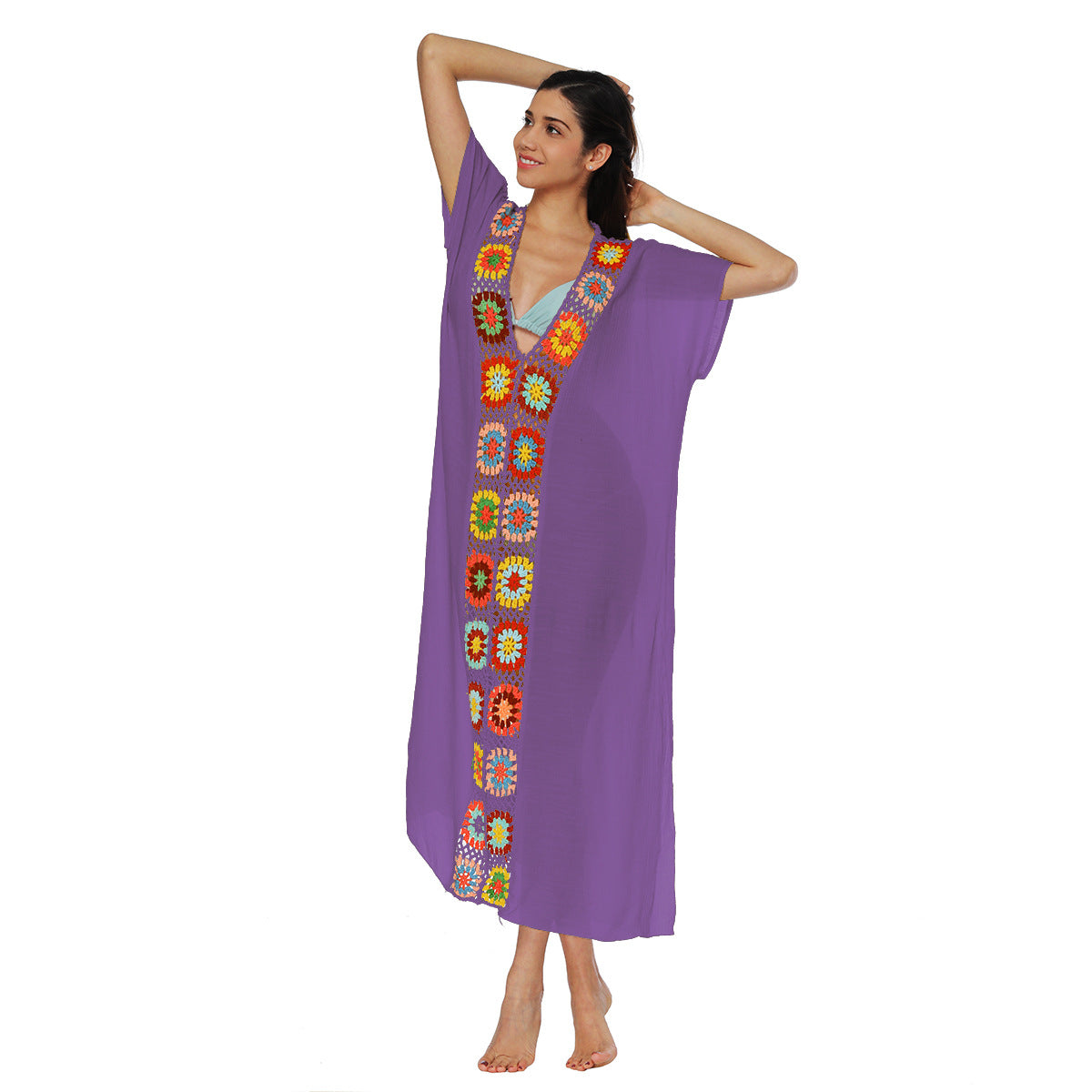 Hand-Knitted Patchwork Slit Maxi Dress