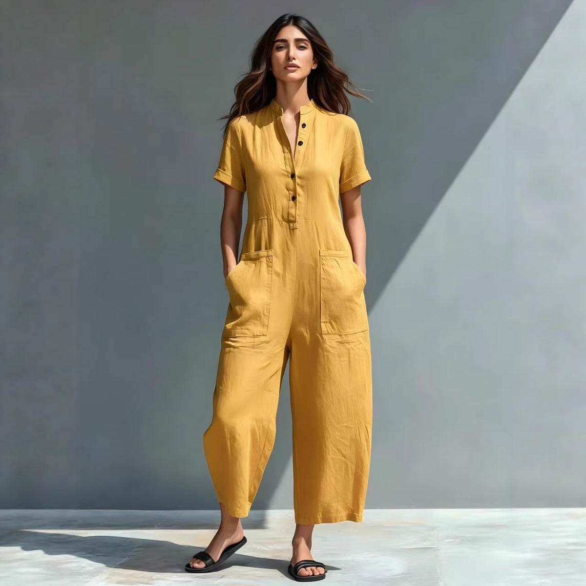 Linen-Blend Short-Sleeve Wide-Leg Jumpsuit